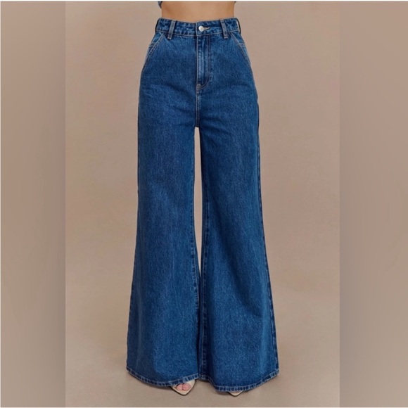 NWT Meshki Jen Wide Leg Flare Denim Jeans - Dark Blue - Picture 1 of 9